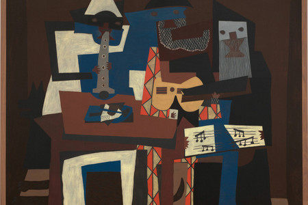 Pablo Picasso. Three Musicians. Fontainebleau, summer 1921. Oil on canvas, 6&#39; 7&#34; × 7&#39; 3 3/4&#34; (200.7 × 222.9 cm). Mrs. Simon Guggenheim Fund. © 2022 Estate of Pablo Picasso/Artists Rights Society (ARS), New York