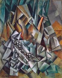 Pablo Picasso. Still Life with Liqueur Bottle. Horta de San Joan, August 1909. Oil on canvas, 32 1/8 x 25 3/4&#34; (81.6 x 65.4 cm). Mrs. Simon Guggenheim Fund. © 2022 Estate of Pablo Picasso / Artists Rights Society (ARS), New York
