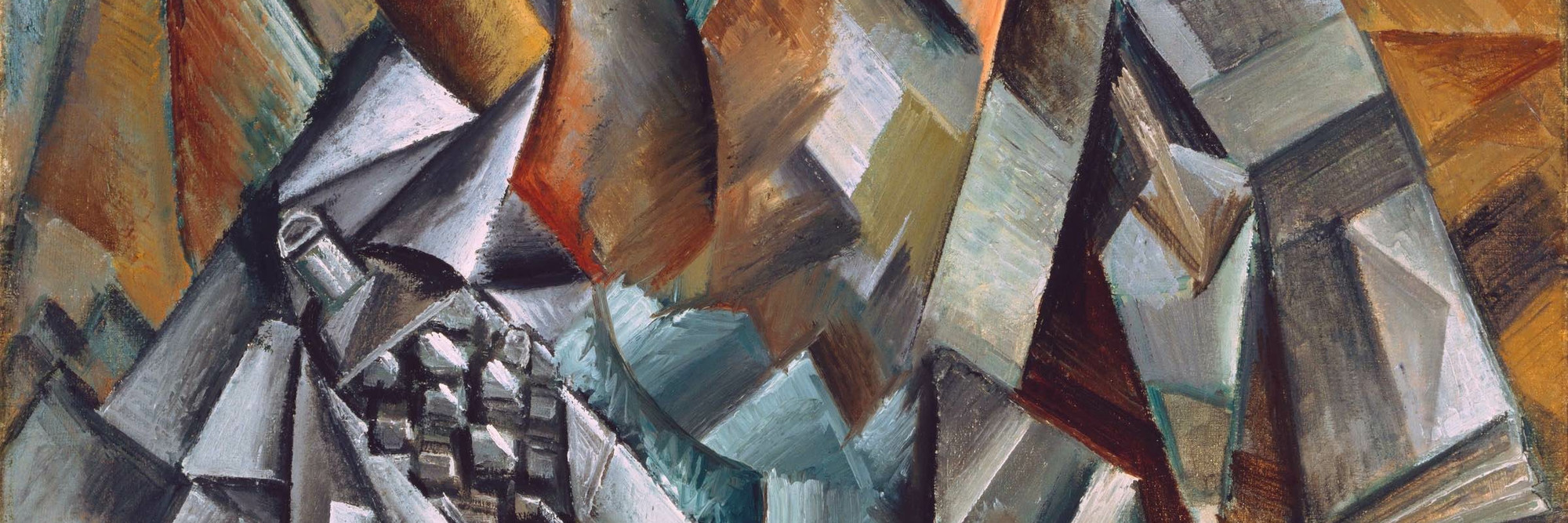 Pablo Picasso. Still Life with Liqueur Bottle. Horta de San Joan, August 1909. Oil on canvas, 32 1/8 x 25 3/4&#34; (81.6 x 65.4 cm). Mrs. Simon Guggenheim Fund. © 2022 Estate of Pablo Picasso / Artists Rights Society (ARS), New York