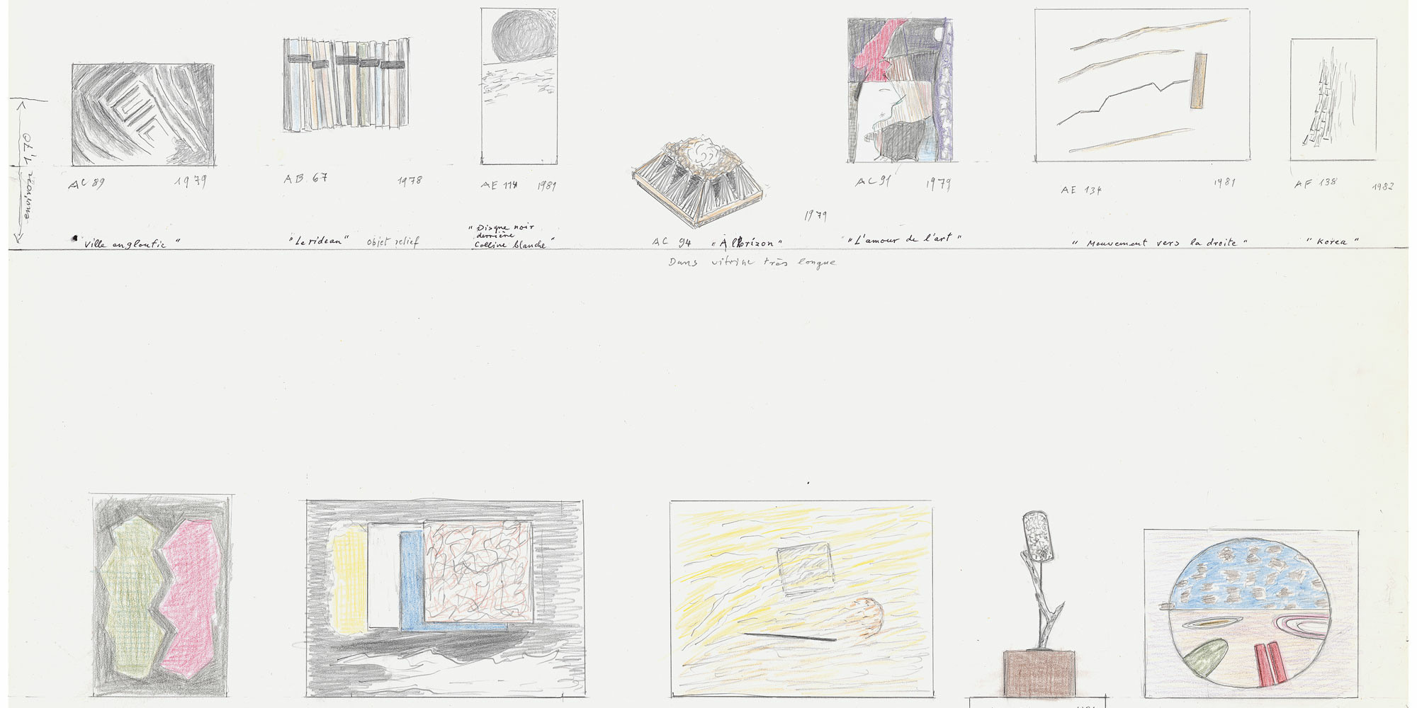Meret Oppenheim. Sheet from M.O.: My Exhibition (M.O.: Mon Exposition). 1983. Pencil, colored pencil, and ballpoint pen on 12 sheets, each 25 1/2 × 19 11/16" (64.8 × 50 cm). Bürgi Collection, Bern