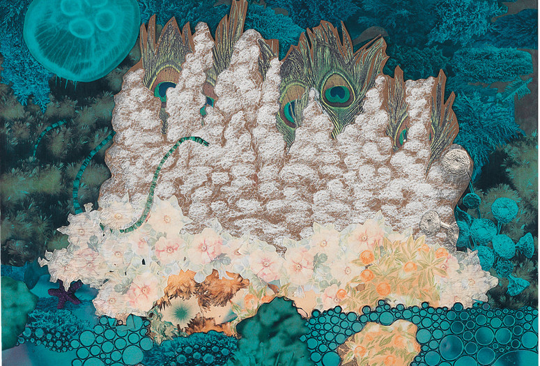 Meret Oppenheim. Octopus’s Garden. 1971. Collage and blue film, 26 3/4 × 26 3/8" (68 × 67 cm). Private collection. © 2022 Artists Rights Society (ARS), New York/Pro Litteris, Zurich