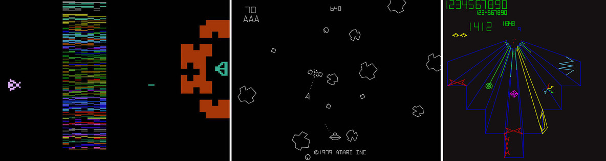 From left: Howard Scott Warshaw. Yars’ Revenge. 1982; George “Ed” Logg, Lyle Rains. Asteroids. 1979; Dave Theurer. Tempest. 1981