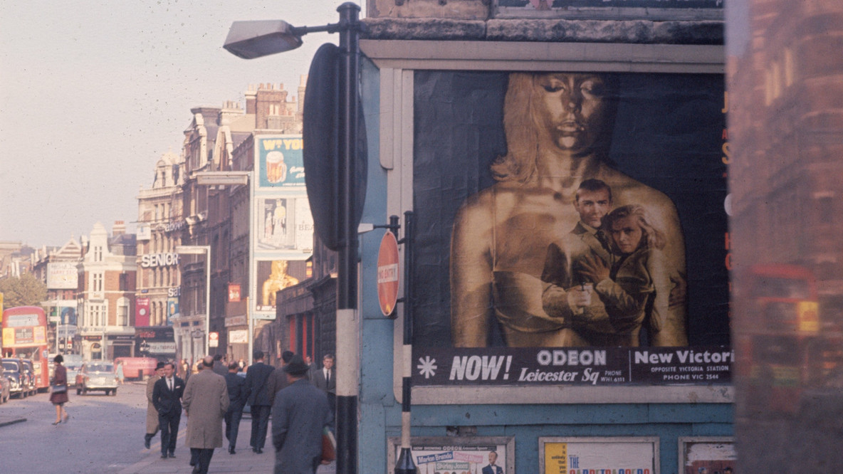 Robert Brownjohn. Views of Goldfinger Poster in London. 1964. 35mm color positive film. Gift of Don Goeman. © 2017 Eliza Brownjohn
