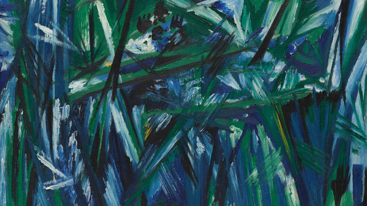 Natalia Goncharova. Rayonism, Blue-Green Forest. 1913. Oil on canvas, 21 1/2 x 19 1/2&#34; (54.6 x 49.5 cm). The Riklis Collection of McCrory Corporation. © 2021 Artists Rights Society (ARS), New York / ADAGP, Paris
