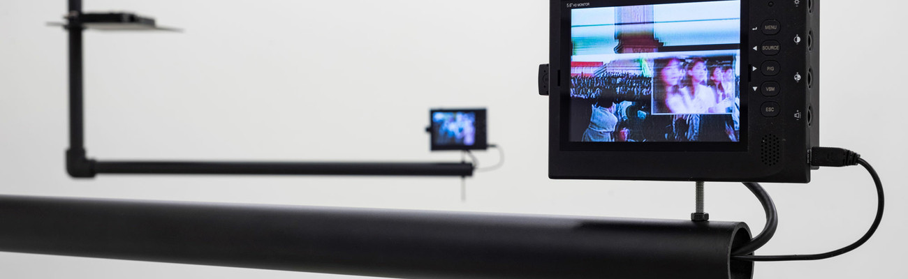 Dara Birnbaum. Tiananmen Square: Break-In Transmission. 1990. Five-channel color video, four-channels of stereo sound, surveillance switcher, and custom-designed support system, dimensions variable. Installation view, Dara Birnbaum, Marian Goodman Gallery, London, November 8, 2018–January 12, 2019. © 2022 Dara Birnbaum. Courtesy of the artist and Marian Goodman Gallery
