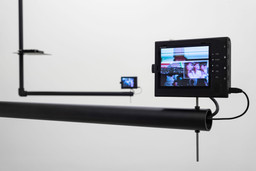 Dara Birnbaum. Tiananmen Square: Break-In Transmission. 1990. Five-channel color video, four-channels of stereo sound, surveillance switcher, and custom-designed support system, dimensions variable. Installation view, Dara Birnbaum, Marian Goodman Gallery, London, November 8, 2018–January 12, 2019. © 2022 Dara Birnbaum. Courtesy of the artist and Marian Goodman Gallery