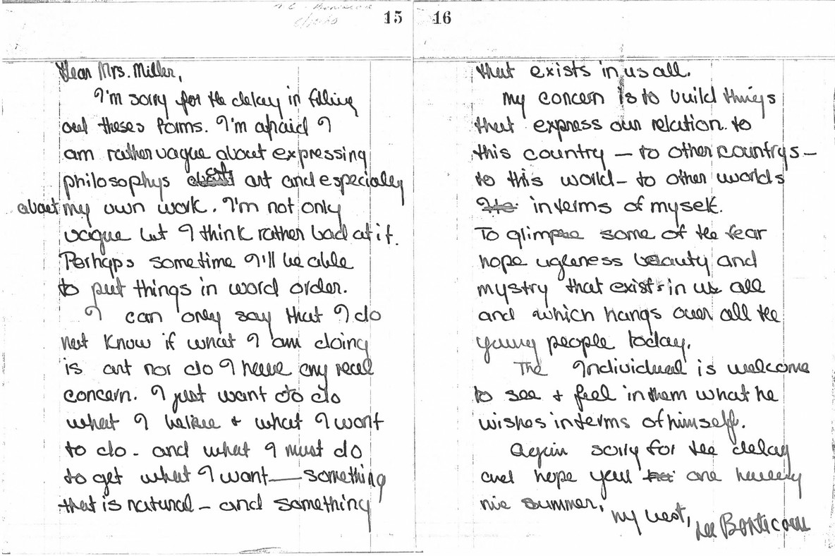 Lee Bontecou’s letter to MoMA curator Dorothy C. Miller, dated August 10, 1960. A transcription of the letter is provided below.