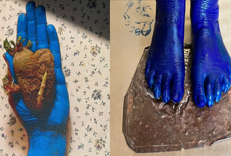 Senga Nengudi Fitz and Kaylynn Sullivan TwoTrees. main bleue avec pomme de terre. 2022. Photographer: Propecia Leigh. blue feet on copper, 2022. Photographer: navillus.