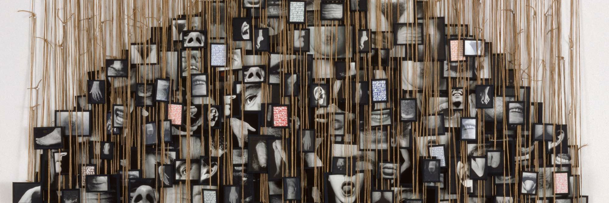 Annette Messager. My Vows. 1988-91. Gelatin silver prints, colored pencil on paper, glass, tape, string, and pushpins, Overall approximately 11&#39; 8 1/4&#34; x 6&#39; 6 3/4&#34; (356.2 x 200 cm). Gift of the Peter Norton Family Foundation. © 2022 Artists Rights Society (ARS), New York / ADAGP, Paris