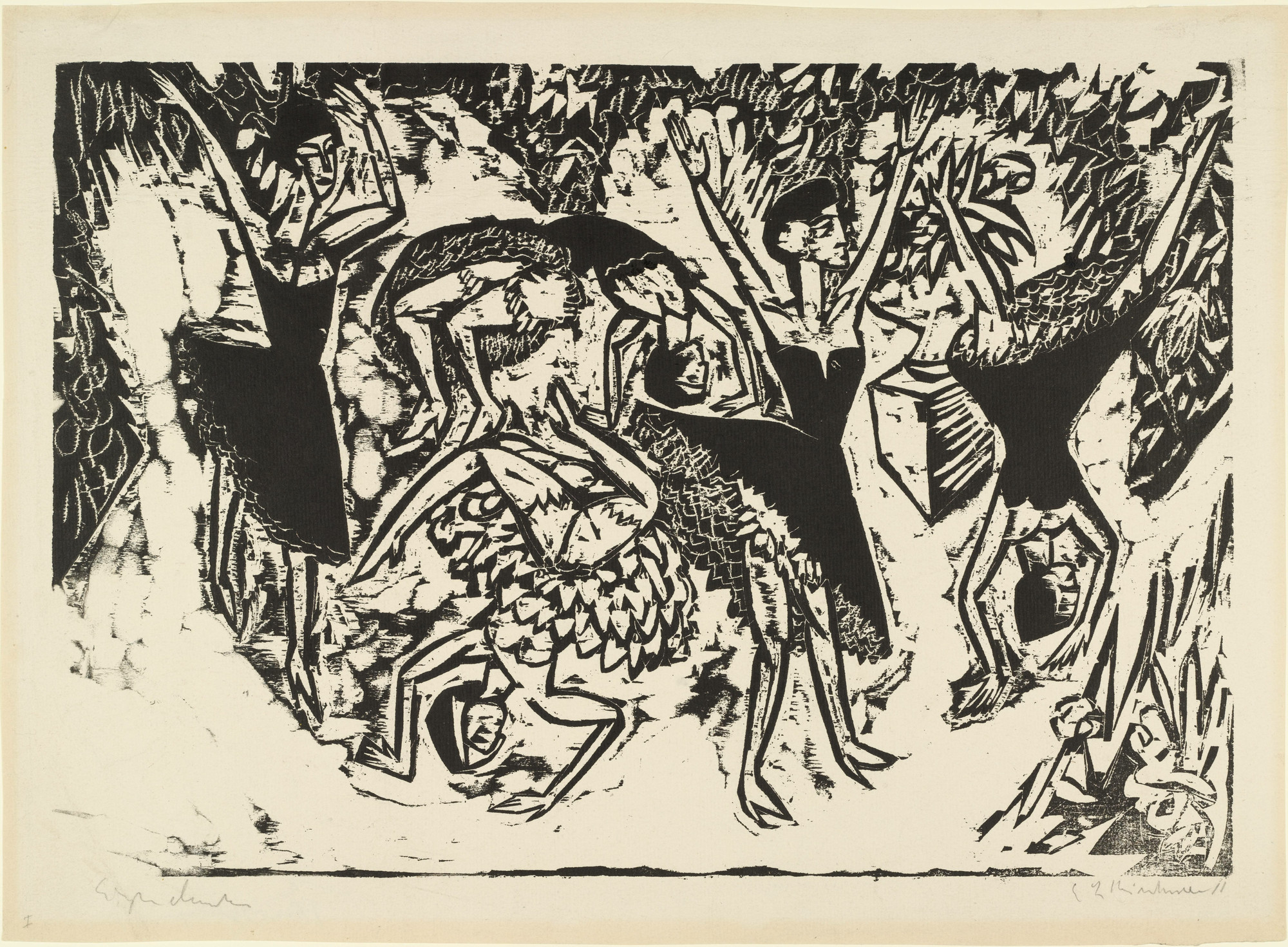 Ernst Ludwig Kirchner. *Somersaulting Acrobatic Dancers (Sich überschlagende akrobatische Tänzerinnen)*. 1913. Woodcut. Comp.: 13 3/8 x 19 1/2" (34 x 49.6 cm). The Museum of Modern Art, New York. General Print Fund and David S. Orentreich Fund