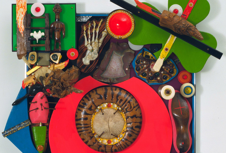 Alfonso Ossorio. Empty Chair or The Last Colonial (detail). 1969. Glass and plastic marbles, West African wood figures, tree fragments, pebbles, geode, iron nails, coral, seashells, wood shoe trees, lobster claws, sword, painted human foot bones and vertebra, faux pearls, plastic and wooden letters, plastic sheets and scraps, wood scraps, painted wood, animal claws and bones, domino, glass eyes, bell, and other materials on plastic sheets mounted on wood, 46 3/8 × 39 1/4 × 15 7/8&#34; (117.7 × 99.7 × 40.3 cm). Gift of the artist