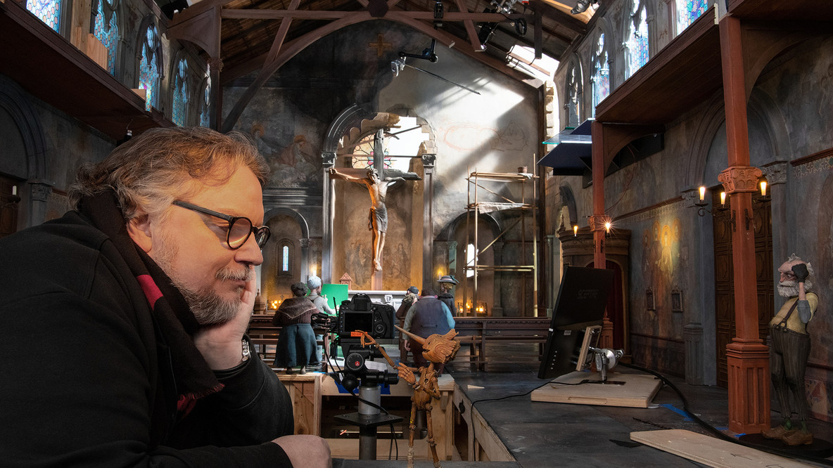Guillermo del Toro on the set of Guillermo del Toro’s Pinocchio. 2022. Image courtesy Jason Schmidt/Netflix