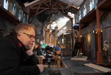Guillermo del Toro on the set of Guillermo del Toro&#39;s Pinocchio, 2022. Image courtesy Jason Schmidt/Netflix
