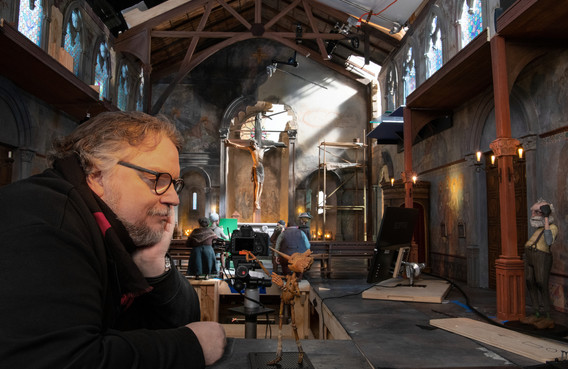 Guillermo del Toro on the set of Guillermo del Toro&#39;s Pinocchio, 2022. Image courtesy Jason Schmidt/Netflix
