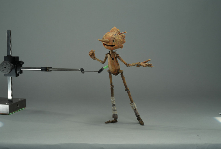 Mackinnon & Saunders. Pinocchio production puppets with rigging. 2019–20. 3D-printed resin, 3D-printed steel, steel, silicone, fabric, and paint, 4 × 3 × 9.5" (10.2 × 7.6 × 24.1 cm). From Guillermo del Toro’s Pinocchio, 2022. Image courtesy Netflix