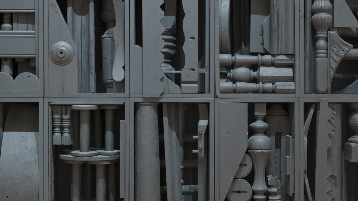 Louise Nevelson. Detail of Big Black. 1963. Painted wood, 9&#39; 1/4&#34; x 10&#39; 5 3/4&#34; x 12&#34;  (274.9 x 319.5 x 30.5 cm). Gift of Vera G. List. © 2022 Estate of Louise Nevelson / Artists Rights Society (ARS), New York