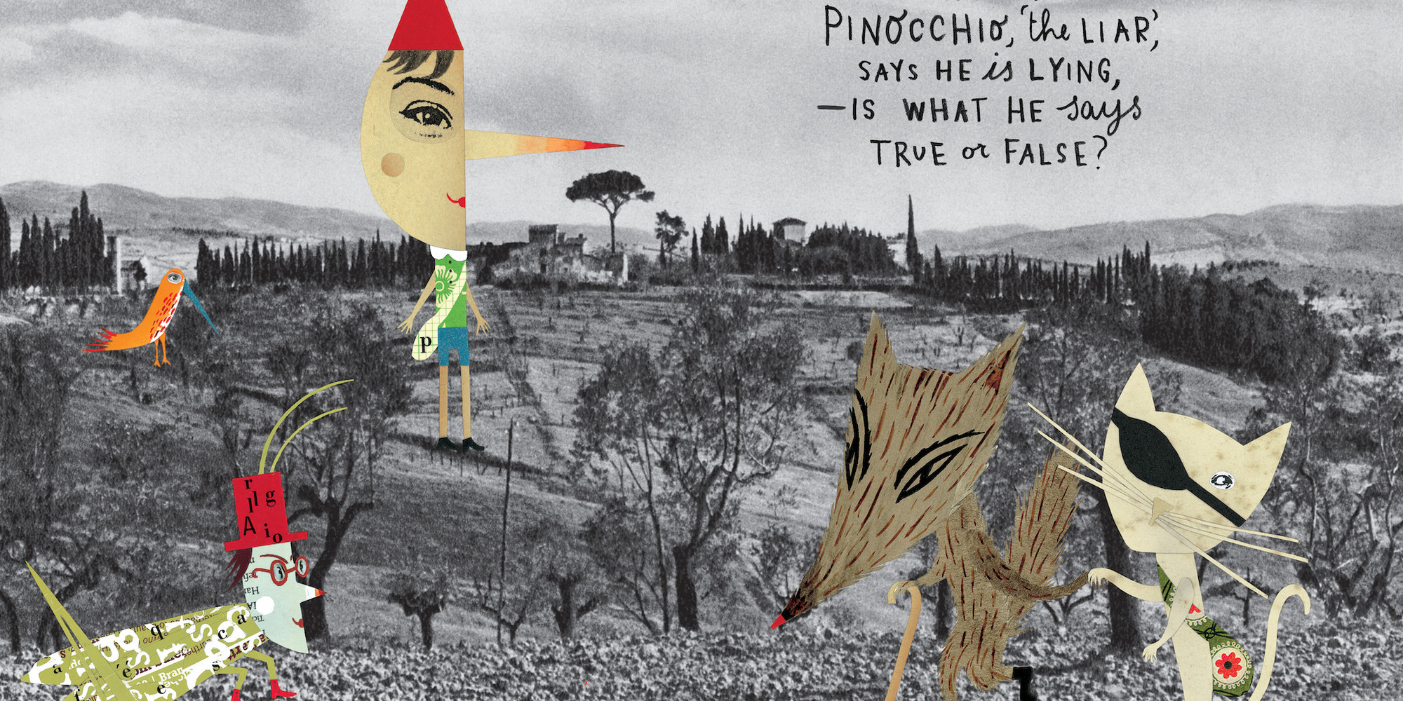 Panel from Sara Fanelli’s Pinocchio: From Michelangelo to Guillermo del Toro, 2022. Courtesy the artist