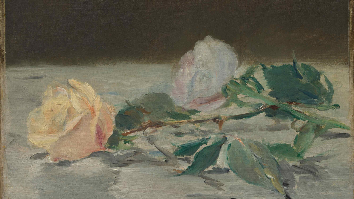 Édouard Manet. Two Roses. c. 1882. Oil on canvas, 7 5/8 x 9 1/2&#34; (19.4 x 24.1 cm). The William S. Paley Collection