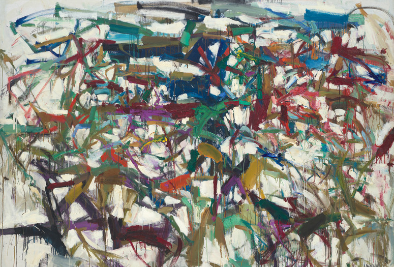 Joan Mitchell. Ladybug. 1957. Oil on canvas. The Museum of Modern Art, New York. Purchase. ©️ Estate of Joan Mitchell Image Description: A horizontally oriented painting with large broad brushstrokes of overlapping marks covering the whole canvas. Some of the paint drips down the canvas, and other areas of the painting feature big globs of paint. The paint colors include both muted and bright tones of blues, greens, reds, ochres, purples, and white.