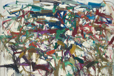 Joan Mitchell. Ladybug. 1957. Oil on canvas. The Museum of Modern Art, New York. Purchase. ©️ Estate of Joan Mitchell Image Description: A horizontally oriented painting with large broad brushstrokes of overlapping marks covering the whole canvas. Some of the paint drips down the canvas, and other areas of the painting feature big globs of paint. The paint colors include both muted and bright tones of blues, greens, reds, ochres, purples, and white.
