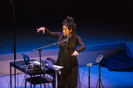 Pamela Z performing Other Rooms at Resonant Bodies Festival, 2018. Courtesy of the artist