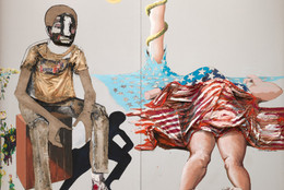 Benny Andrews. No More Games. 1970. Oil on canvas with cut-and-pasted primed and raw canvas, T-shirt, garment fragments, and partially painted printed fabrics, two panels, each panel 8&#39; 4 7/8&#34; x 49 7/8&#34; (256.2 x 126.7 cm) and 8&#39; 4 7/8&#34; x 51&#34; (256.2 x 129.3 cm). Overall 8&#39; 4 7/8 x 8&#39; 5 1/4&#34; (256.2 x 257.2 cm). Blanchette Hooker Rockefeller Fund
