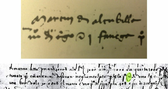 From left: Arroba sign in document from the 1400s denoting a wheat shipment from Castile; the @ symbol used in a 1536 letter from an Italian merchant