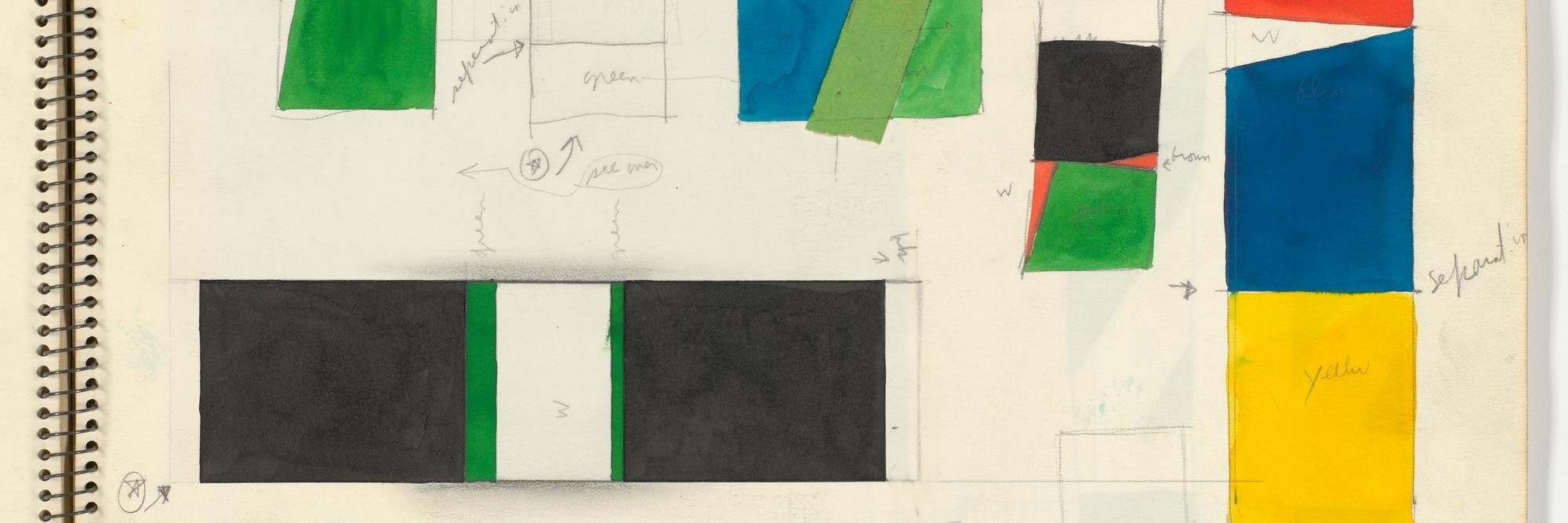 Ellsworth Kelly. Sketchbook #26, New York City. 1954–56. Page from a spiral-bound notebook with pencil, ink, colored ink, and ball point pen on paper, 14 1/8 × 10 7/8 × 1/2&#34; (35.9 × 27.6 × 1.3 cm). Gift of Jack Shear, 2020