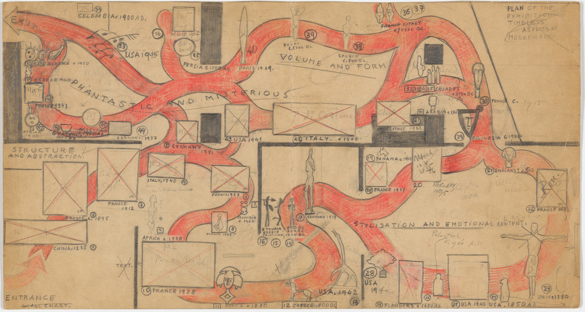 Floor plan, with circulation path, of the exhibition Timeless Aspects of Modern Art, 1948