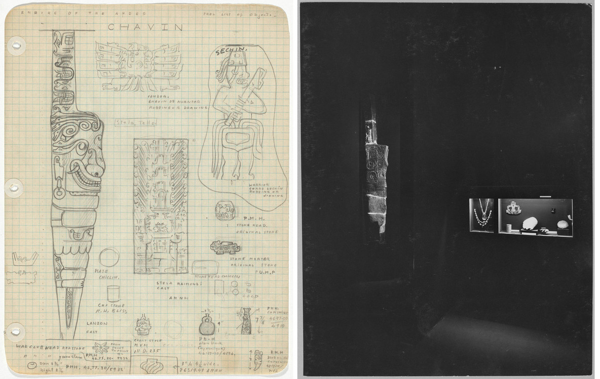 From left: Preliminary list and drawings of Chavin objects, including “El Lanzon,” in the exhibition Ancient Arts of the Andes, 1953; Installation view of the darkened entry passageway gallery, featuring the cast of “El Lanzon,” in Ancient Arts of the Andes, 1954