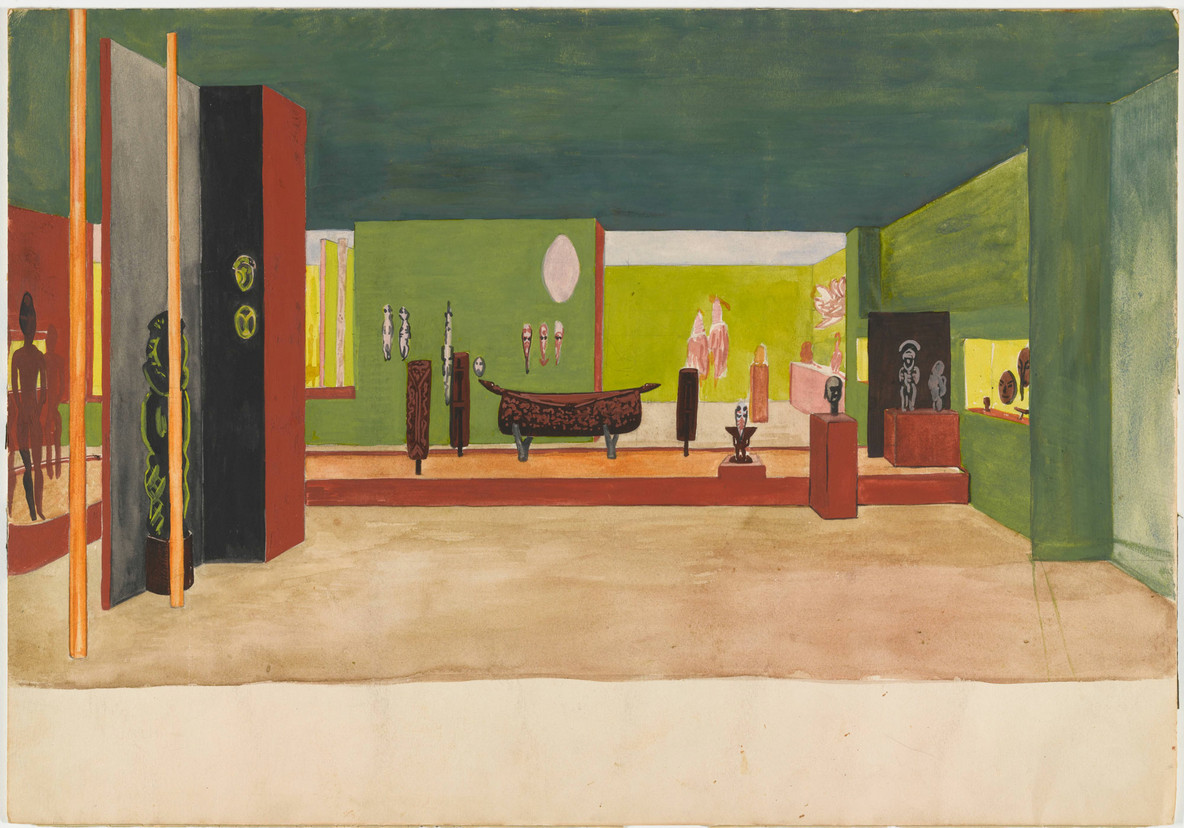 Watercolor vista of the exhibition Arts of the South Seas, 1946