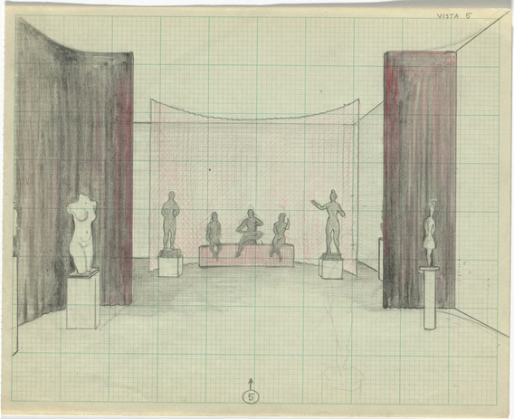 Vista of the exhibition Elie Nadelman, showing sculptures installed on multi-level pedestals, with curtain behind, 1948
