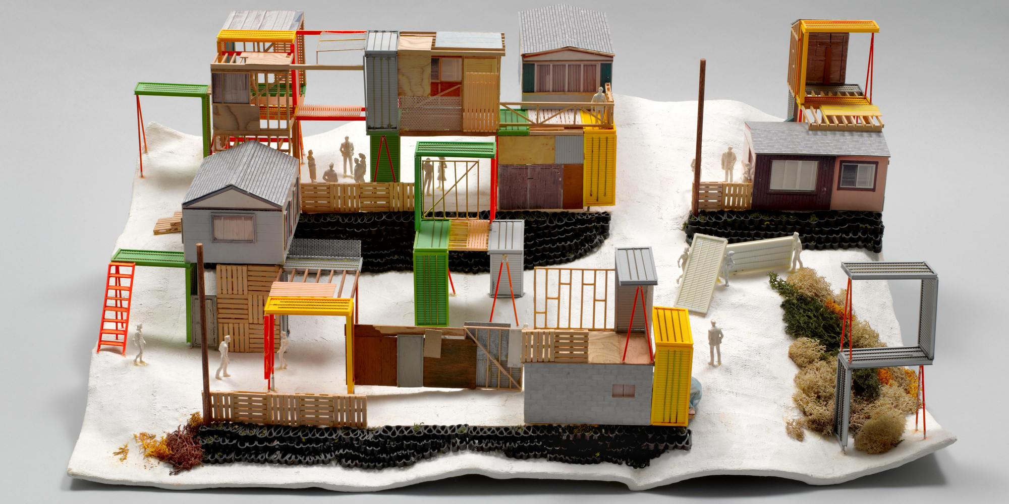Teddy Cruz, Fonna Forman. Manufactured Sites: A Housing Urbanism Made of Waste/Maquiladora. Project 2005–08; model 2005. Model: Bass wood, styrene plastic, paper, and gesso, 11 × 27 × 18" (27.9 × 68.6 × 45.7 cm). Architecture firm: Estudio Teddy Cruz + Fonna Forman. The Museum of Modern Art, New York. Gift of the PARC Foundation