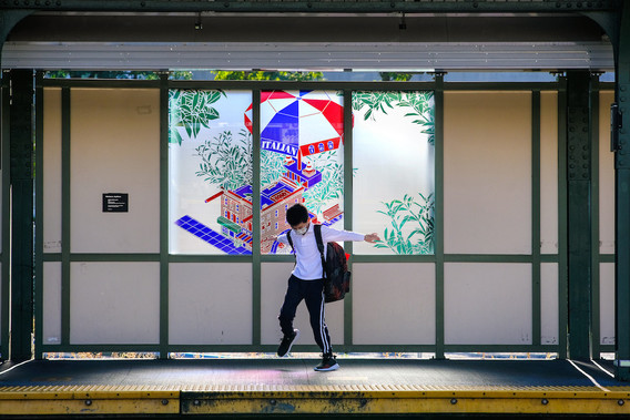 Italian Ice, one of Olalekan Jeyifous’s glass panels from the Made with Love series, installed at the 8 Avenue Station in Brooklyn