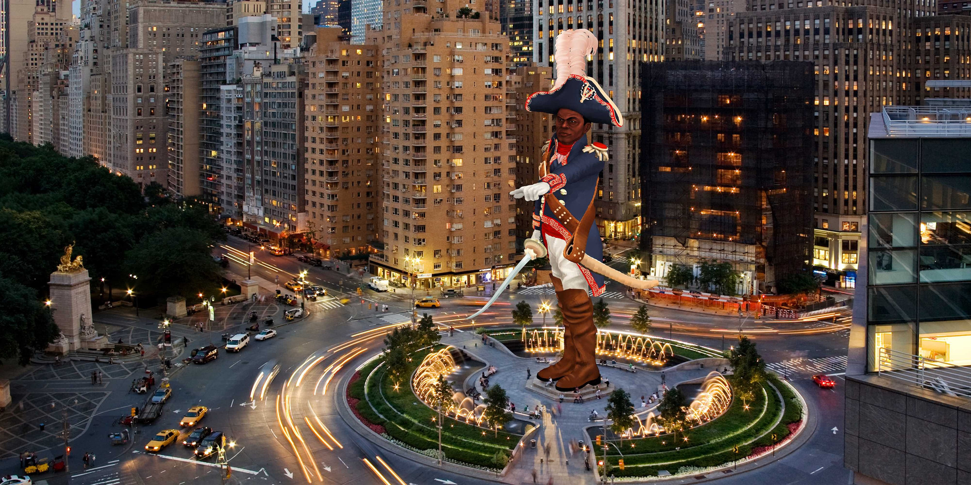 Kinfolk. The Monuments Project. 2022. Proposal for an augmented-reality monument in honor of General Toussaint Louverture on Columbus Circle. Courtesy Kinfolk