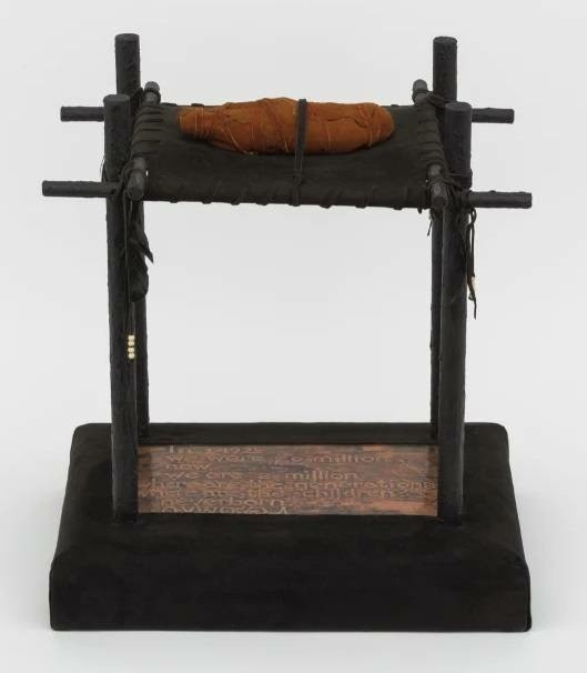 Kay WalkingStick. Tears. 1990. Deer hide, cow hide, copper, wood, feathers, bone, beads, corn, stones, turquoise, and Anasazi pot sherds