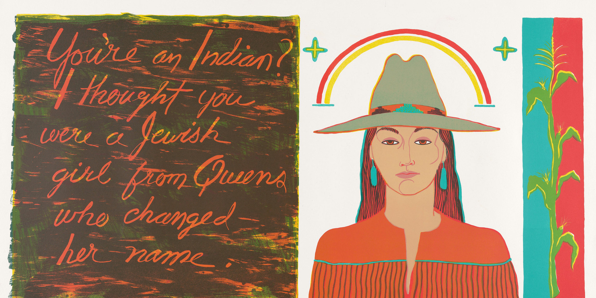 Kay WalkingStick. You’re an Indian? 1995. Lithograph, composition: 20 × 40" (50.8 × 101.6 cm); sheet: 30 × 48" (76.2 × 121.9 cm). Publisher: Robert Blackburn Printmaking Workshop, New York. Printer: Devraj Dakoji. Edition: 50 planned, 42 printed. The Museum of Modern Art, New York. Acquired through the generosity of the Contemporary Drawing and Print Associates