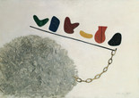 Meret Oppenheim. Quick, Quick, the Most Beautiful Vowel Is Voiding, M.E. by M.O. (Husch-husch, der schönste Vokal entleert sich, M.E. par M.O.). 1934. Oil on canvas, 17 15/16 × 25 5/8&#34; (45.5 × 65 cm). Bürgi Collection, Bern. ©️ 2023 Artists Rights Society (ARS), New York/Pro Litteris, Zurich