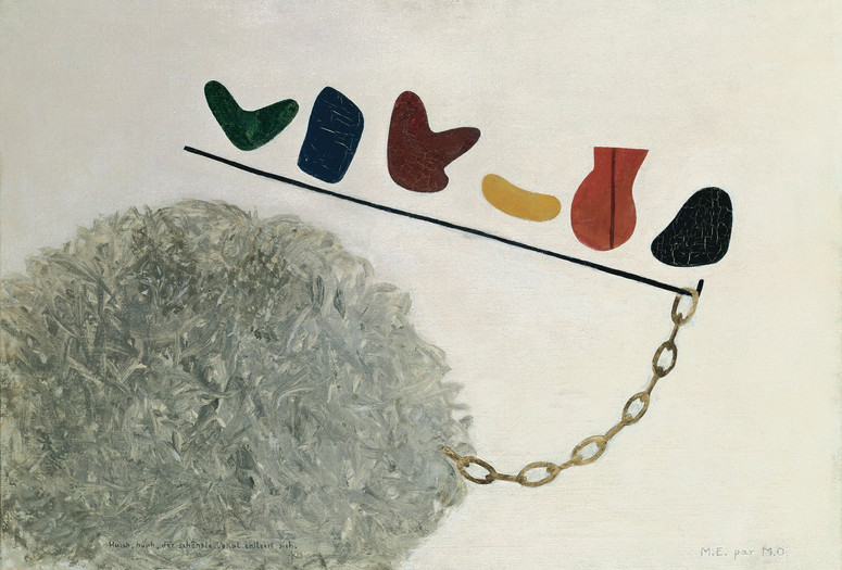 Meret Oppenheim. Quick, Quick, the Most Beautiful Vowel Is Voiding, M.E. by M.O. (Husch-husch, der schönste Vokal entleert sich, M.E. par M.O.). 1934. Oil on canvas, 17 15/16 × 25 5/8" (45.5 × 65 cm). Bürgi Collection, Bern. ©️ 2023 Artists Rights Society (ARS), New York/Pro Litteris, Zurich