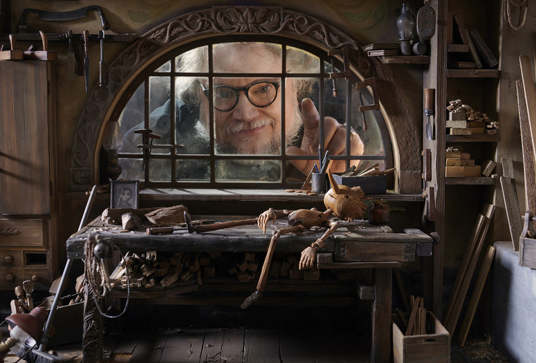 Guillermo del Toro on the set of Guillermo del Toro’s Pinocchio, 2022. Image courtesy Jason Schmidt/Netflix