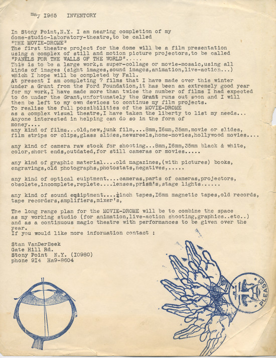Letter from VanDerBeek about completion of Movie-Drome, 1965