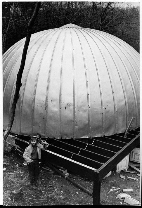 Stan VanDerBeek in front of Movie Drome, Stony Point, New York, 1964