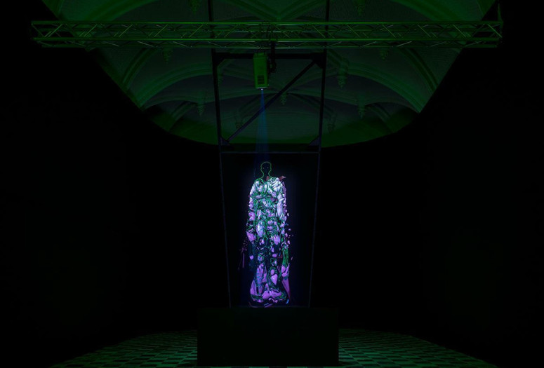 Sandra Mujinga. Flo. 2019. Single-channel video installation (color, sound, 50:13 minutes) Polycarbonate plate, mdf, wood beams, 356 cm x 317 cm x 170 cm. Fund for the Twenty-First Century