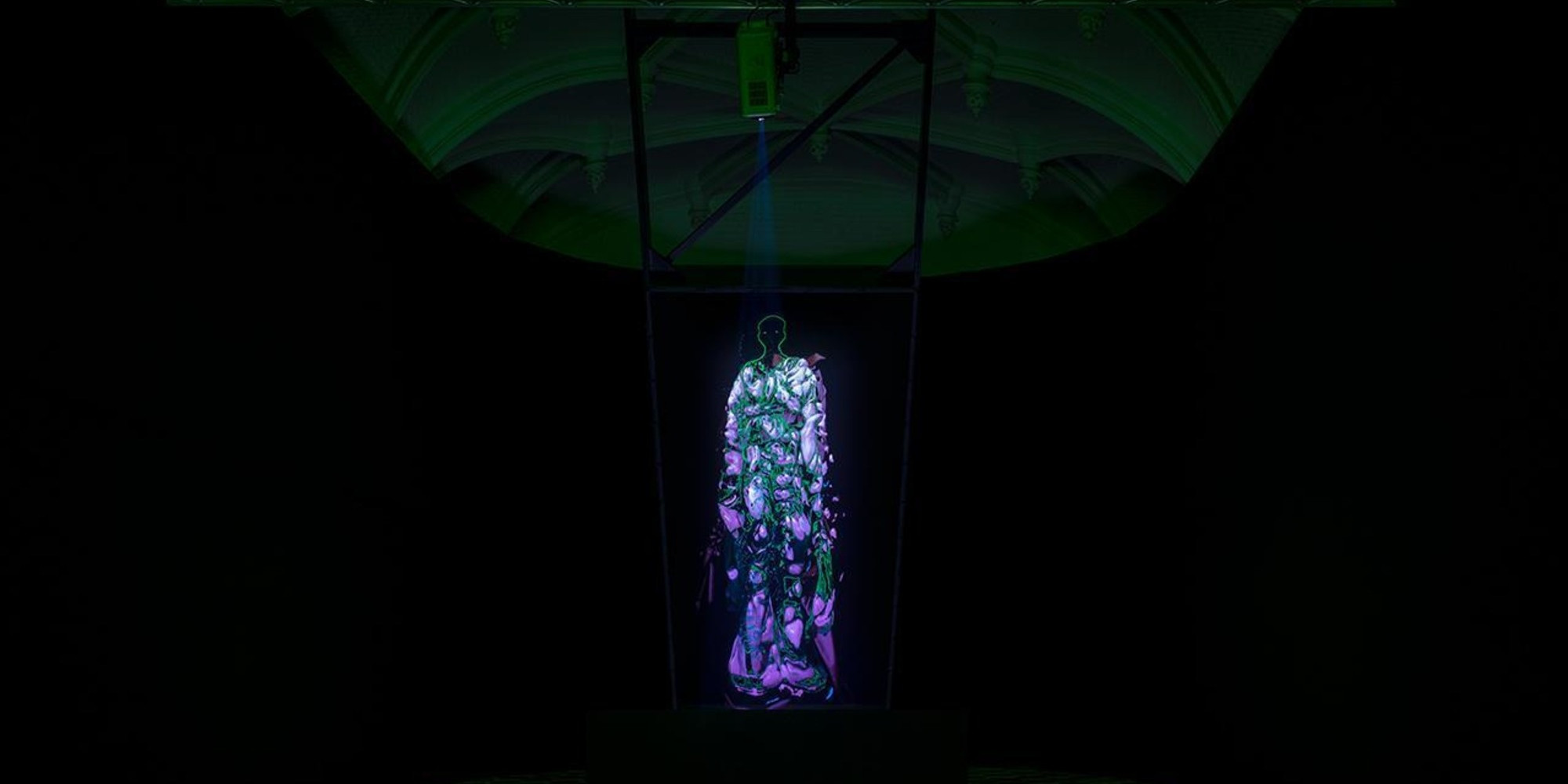 Sandra Mujinga. Flo. 2019. High-definition video (color, sound; 50:13 min.), polycarbonate plate, MDF, and wood beams, dimensions variable. Fund for the Twenty-First Century