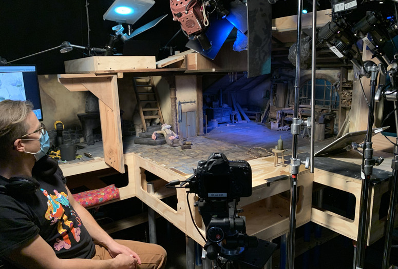 Animator Jan Maas on the set of Guillermo del Toro&#39;s Pinocchio, November 2021. Courtesy of Netflix
