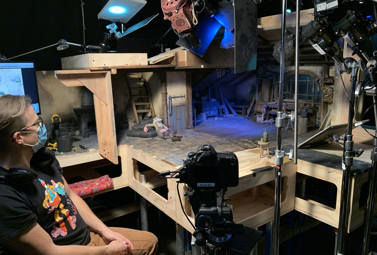 Animator Jan Maas on the set of Guillermo del Toro's Pinocchio, November 2021. Courtesy of Netflix