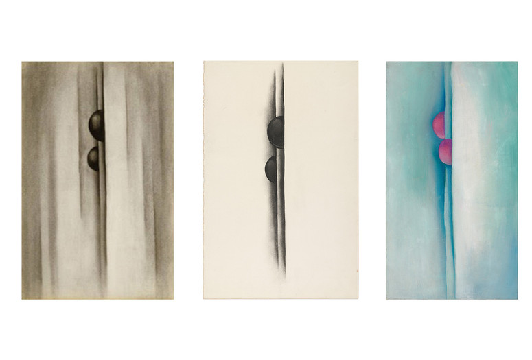 From left: Georgia O’Keeffe. No. 17 - Special. 1919. Charcoal on paper. Georgia O’Keeffe Museum, Santa Fe. Gift of The Burnett Foundation and The Georgia O’Keeffe Foundation; Special No. 39. 1919. Charcoal on paper. The Museum of Modern Art, New York. Gift of The Georgia O’Keeffe Foundation; Green Lines and Pink. 1919. Oil on canvas. Georgia O’Keeffe Museum, Santa Fe. Gift of The Burnett Foundation and The Georgia O’Keeffe Foundation. All works © 2023 Georgia O’Keeffe Museum/Artists Rights Society (ARS), New York