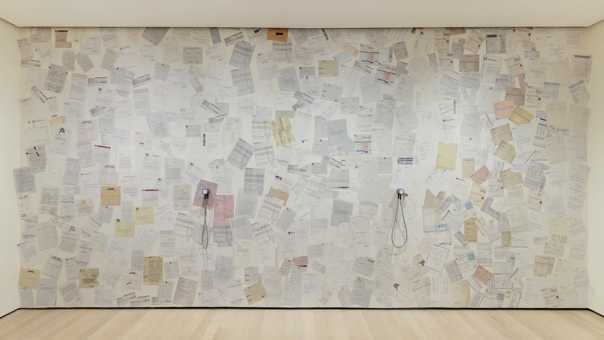A wall of JAM ephemera from the gallery archives on view in Just Above Midtown: Changing Spaces, September 10, 2022–February 18, 2023