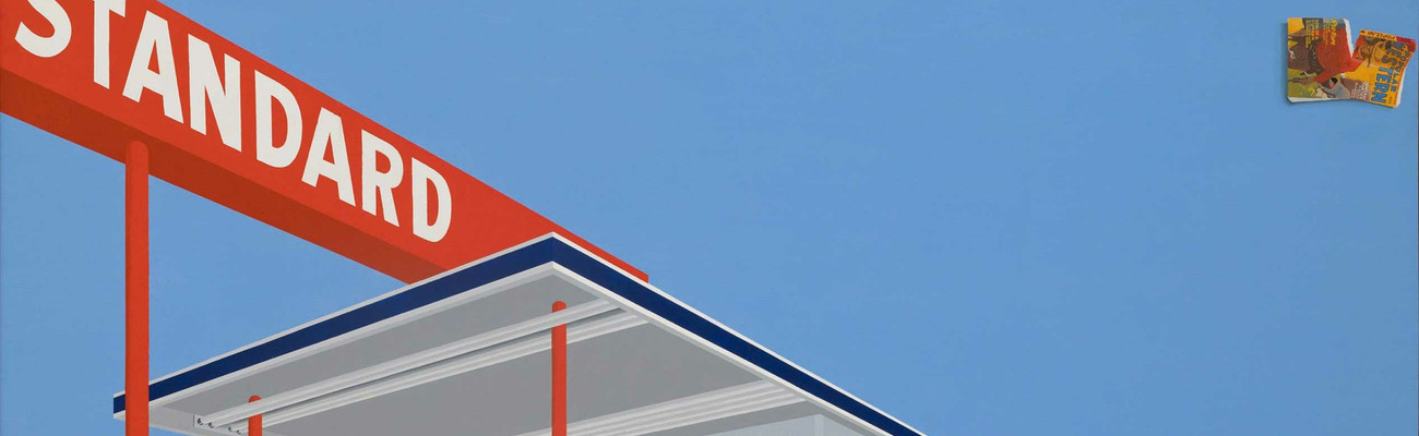 Ed Ruscha. Standard Station, Ten-Cent Western Being Torn in Half. 1964. Oil on canvas, 65 × 121 1/2&#34; (165.1 × 308.6 cm). Private collection. © Edward Ruscha. Photo © Evie Marie Bishop, courtesy of the Modern Art Museum of Fort Worth