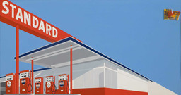 Ed Ruscha. Standard Station, Ten-Cent Western Being Torn in Half. 1964. Oil on canvas, 65 x 121 1/2&#34; (165.1 x 308.6 cm). Private collection. © Edward Ruscha. Photo © Evie Marie Bishop, courtesy of the Modern Art Museum of Fort Worth.